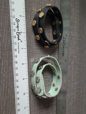 South Hill Designs Studded Double-Wrap Leather Bracelet Duo - Black & Mint